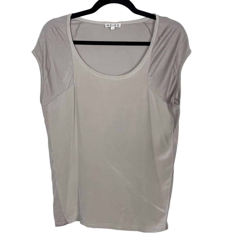 REISS Medium M Light Gray Posy Silk Short Sleeve Top Scoop Neck Mixed Fabric